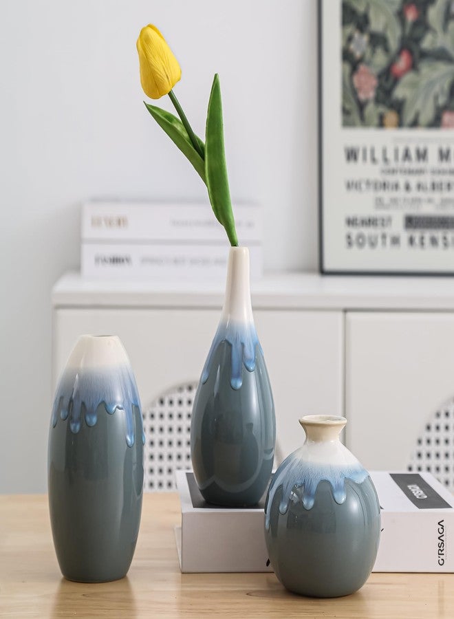 SiegenPro Ceramic Vase Set of 3, Farmhouse Decor, Home Decorative Vases for Kitchen, Bedroom, Office, Living Room, Bathroom, Shelf Centerpiece Table, Terracotta Pottery Vases Set Gift Blue - Image 3